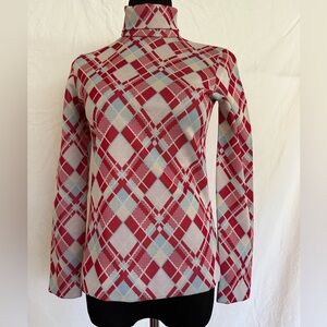 Vintage 1960s/1970s argyle turtleneck top on cream, lavender, red & light blue.